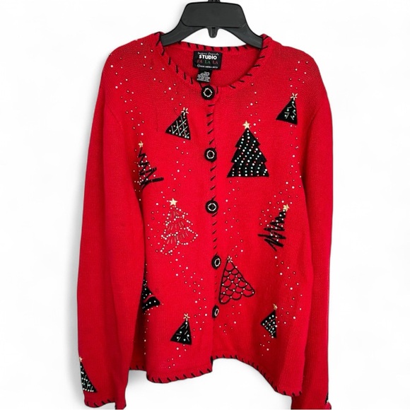 Designers Originals Studio Sweater FaLaLa Size XL Red Bead Christmas Tree - Picture 1 of 15